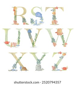Watercolor sea animals vector letters for invitation card, nursery poster and other.