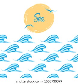 Watercolor sea background. Abstract blue painting waves isolated on white. Hand drawn vector illustration of ocean