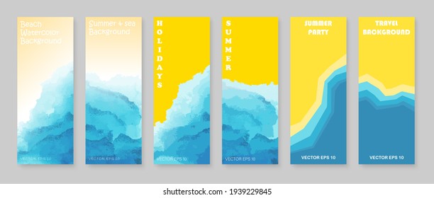Watercolor sea background poster, card template. Summer beach vector print set. Eps 10