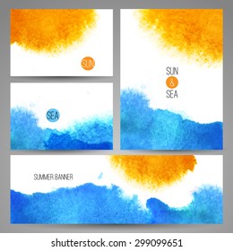 Watercolor sea background poster or card template vector art. Watercolor summer beach print set. 