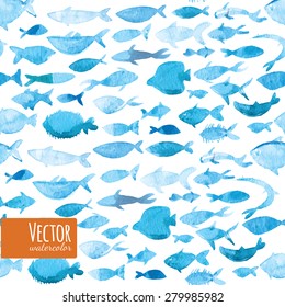 Watercolor Sea Blue Fish Seamless Pattern In Vector