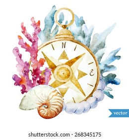 watercolor, sea, compass, coral, shell,