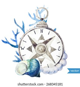 watercolor, sea, compass, corals, shells, beads, pearls,