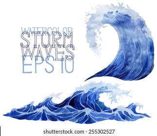 Watercolor sea. Deep blue storm waves. Tsunami. Vector design elements