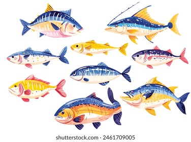 Watercolor Sea fish set. Vector illustration of different types of saltwater fish, such as Pink salmon, Pollock, Gilt-head bream, Rockfish, Mackerel, Sea bass, Keta, Codfish. Isolated on white.