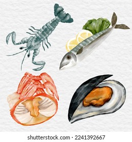 watercolor sea food element collection set