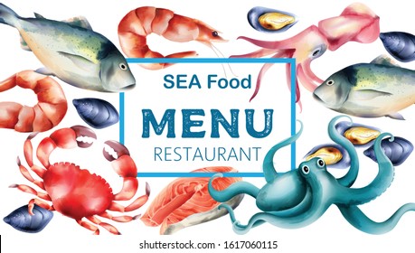 Watercolor sea food menu with fresh fish and mollusc