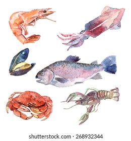 Watercolor sea food set with shrimp mussel fish crab isolated vector illustration