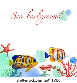 Watercolor sea frame. Vector nautical background. Blobs, stain, paints blot. Tropical fish.