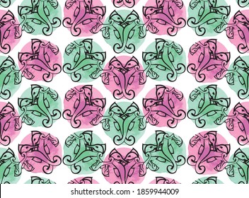 Watercolor Sea Horse Seamless Pattern.
Ink Hand Drawn Sea Horses and Watercolor Spots. Vector Illustration on White Background. 