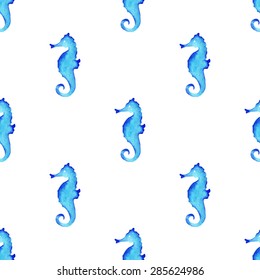 Watercolor sea horse seamless pattern. Vector design element.