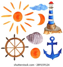  Watercolor sea icons set. Sun, helm, lighthouse, sea shell, anchor, moon, half moon, cloud set isolated on white background 