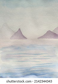 Watercolor Sea Landscape. Blue Sea Watercolor Paint. Watercolor Ocean Sunset.  Aquarelle Blue Sky. Blue Ocean Paint. Pastel Watercolour Mountain. Sea Watercolor Background. Ocean Mountain Sunset