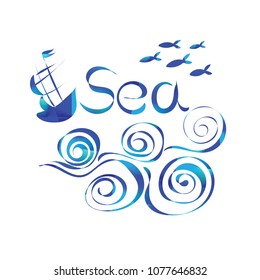 Watercolor Sea Lettering Design. Blue waves, little fishes and a ship isolated on white background. Vector illustration esp10.