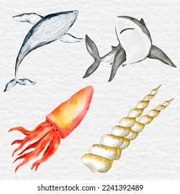 watercolor sea life element collection set