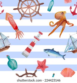 Watercolor sea navigation seamless pattern. Hand painted sea life texture with starfish, anchor, lighthouse, ship, shell, octopus and fish.