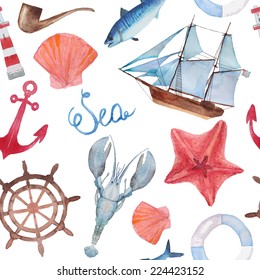 Watercolor sea navigation seamless pattern. Hand painted sea life texture with starfish, anchor, lobster, ship, shells and fish.