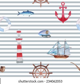 Watercolor sea navigation seamless pattern. Hand painted sea life texture with smoking pipe, anchor, lighthouse, ship, and fish.