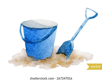 watercolor, sea, object, vector, coast, bucket, shovel, children, game