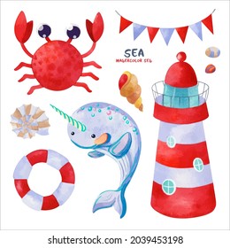Watercolor sea set with crab, lighthouse, life buoy, narwhal, shells and pebbles