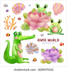 Watercolor sea set with crocodile, funny frogs, blooming lotuses, corals, seaweed, shells and pebbles