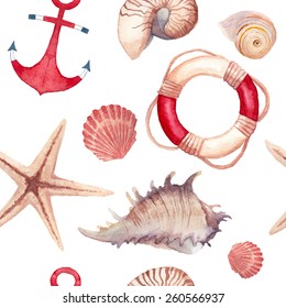 Watercolor sea shells and stars pattern. Seamless texture with hand painted oceanic life objects: starfish, shells, lifebuoy ring, anchor. Vector nautical background