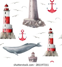 Watercolor sea signs pattern. Seamless texture with various lighthouses, whale, anchor and seagulls. Hand drawn artistic wallpaper. Vector background