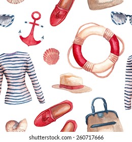 Watercolor Sea style fashion pattern. Hand painted seamless background with clothes objects: singlet, hat, bag in a marine style, moccasins, stripes sunglasses, sea shells, anchor, lifebuoy ring.