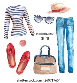 Watercolor Sea style fashion set. Hand painted trendy clothes objects: singlet, jeans, hat, bag in a marine style, red moccasins, stripes sunglasses, sea shell. Vector summer look collection