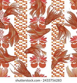Watercolor sea style seamless pattern. Underwater creatures, starfish, sea horse, coral, fish. marine, nautical endless wallpaper, background. Colorful brush strokes, scribble abstract forms.
