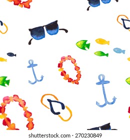 Watercolor sea summer set. Flip flop sandals, sunglasses, fish, isolated on white background.