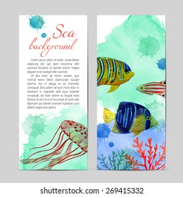 Watercolor sea templates. Vector nautical background. Blobs, stain, paints blot. Tropical fish and jellyfish.