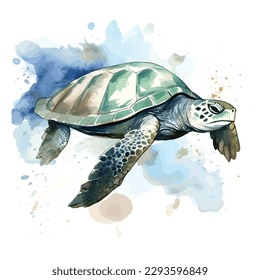 Watercolor Sea Turtle. Realistic, artistic, colored drawing of a sea turtle on a white background in a watercolor style.