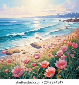Watercolor Sea view landscape with flowers