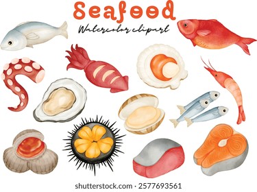 Watercolor Seafood Clipart for Food Menus: Fish, Shrimp, Oysters, Octopus, Scallops, Clams, Sea Urchins, and Salmon, Hand-Painted Illustrations