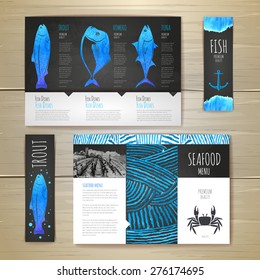 Watercolor Seafood concept design. Corporate identity. Document 