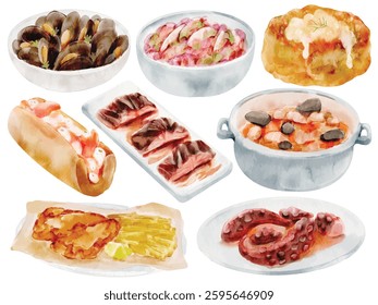 Watercolor Seafood Cuisine Illustration Set, Hand-painted, Realistic, Mussels, Octopus, Lobster Roll, Fish, Soup, Crab Cakes, International Dishes, Food Art, Vector, Illustration
