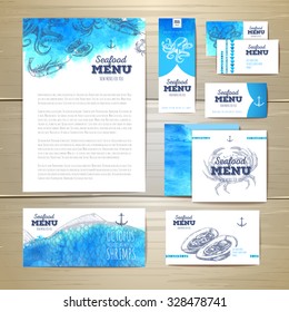 Watercolor Seafood menu design. Corporate identity. Document template