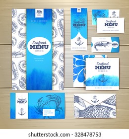 Watercolor Seafood Menu Design. Corporate Identity. Document Template