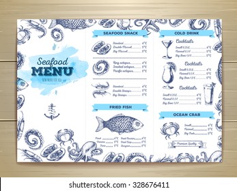 Watercolor Seafood menu design. Corporate identity. Document template