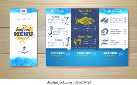 Watercolor Seafood Menu Design. Corporate Identity. Document Template