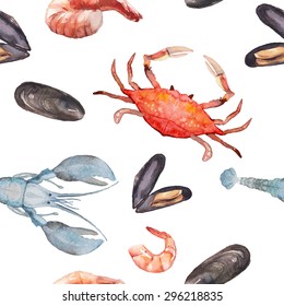 Watercolor Seafood  Seamless Pattern. Hand Drawn Texture With Mussel Shells, Shrimps, Crab, Lobster On White Background. Vector Food Wallpaper