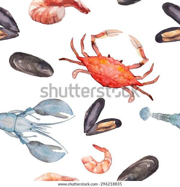 Watercolor seafood seamless pattern. Hand drawn texture with mussel shells, shrimps, crab, lobster on white background. Vector food wallpaper.