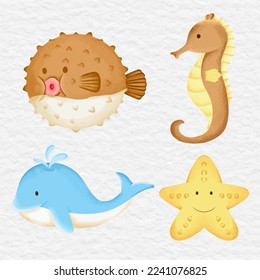 watercolor sealife sea animal and fish collection element set puffer, sea horse, whale, starfish