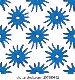 Watercolor seamless abstract pattern. Funny blue blob star on a white background, vector.