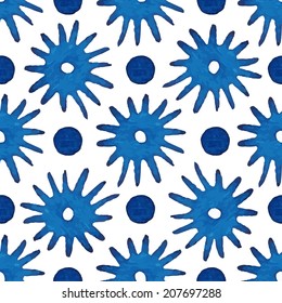 Watercolor seamless abstract pattern. Funny blue blots, stars and circles on a white background, vector.