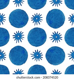 Watercolor seamless abstract pattern. Funny blue blots, stars and circles on a white background, vector. 