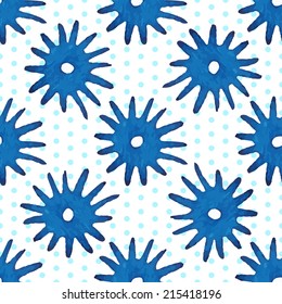 Watercolor seamless abstract pattern. Funny blue blots, stars and circles on a white background. 