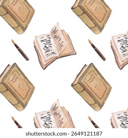 Watercolor seamless academia pattern with books, fountain pens, and old paper. Classic vintage theme for study, journal, and school-related design. Ideal for stationery, fabric, and decor use.