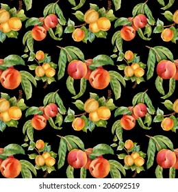 Watercolor seamless apricots and peaches pattern on black background, vector